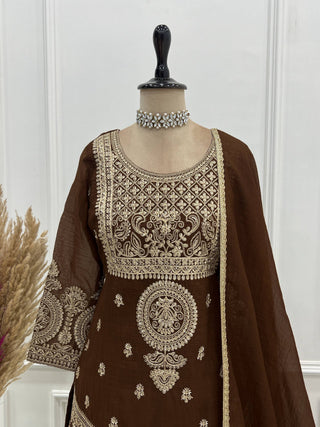 Brown Silk Embroidered Sharara Suit ClothsVilla