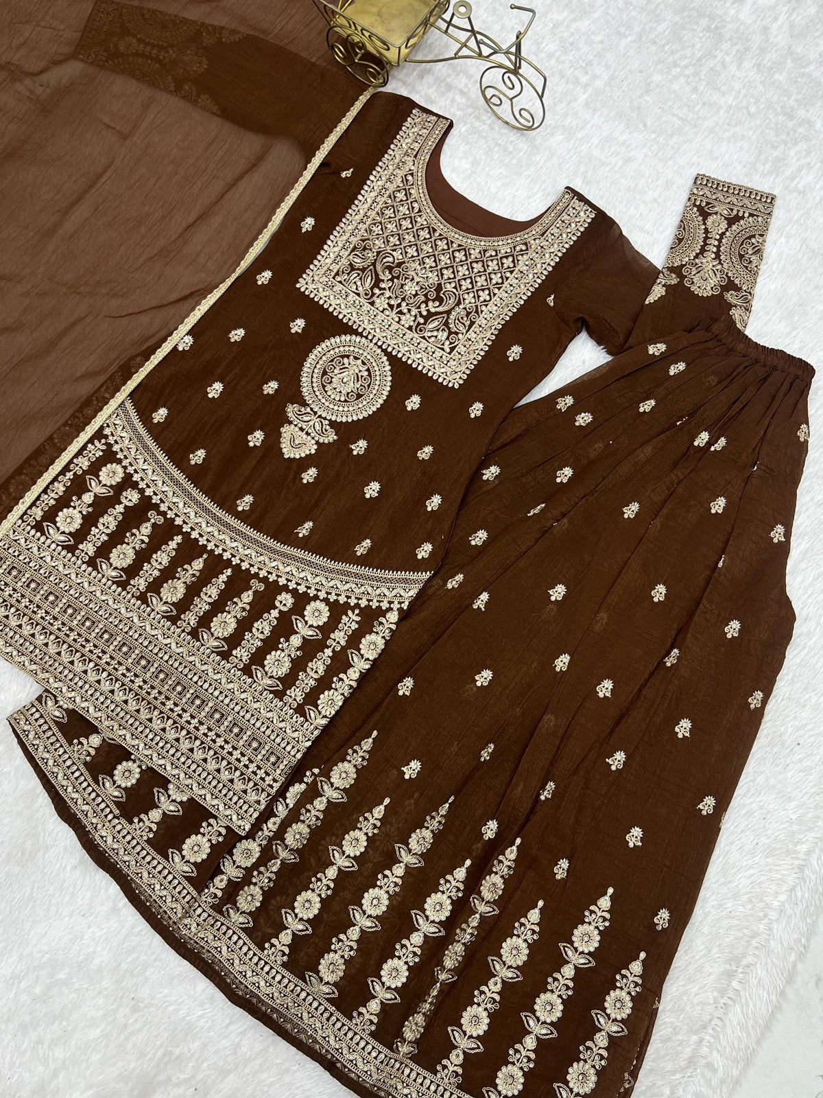 Brown Silk Embroidered Sharara Suit ClothsVilla