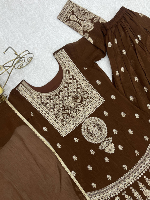 Brown Silk Embroidered Sharara Suit ClothsVilla
