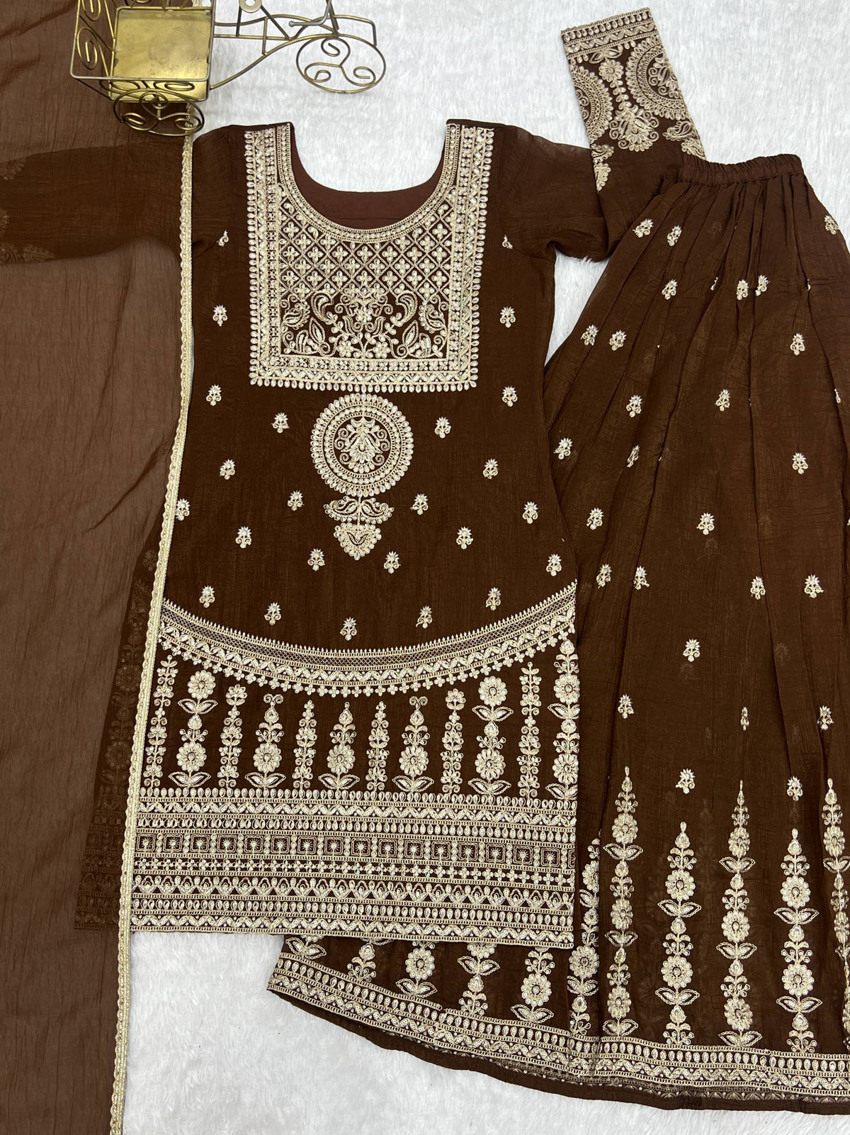 Brown Silk Embroidered Sharara Suit ClothsVilla