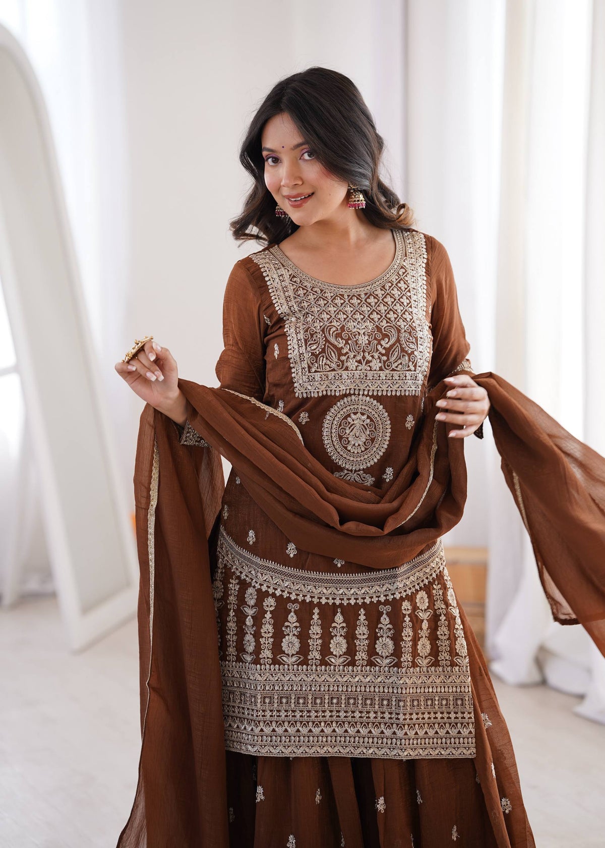 Brown Silk Embroidered Sharara Suit ClothsVilla