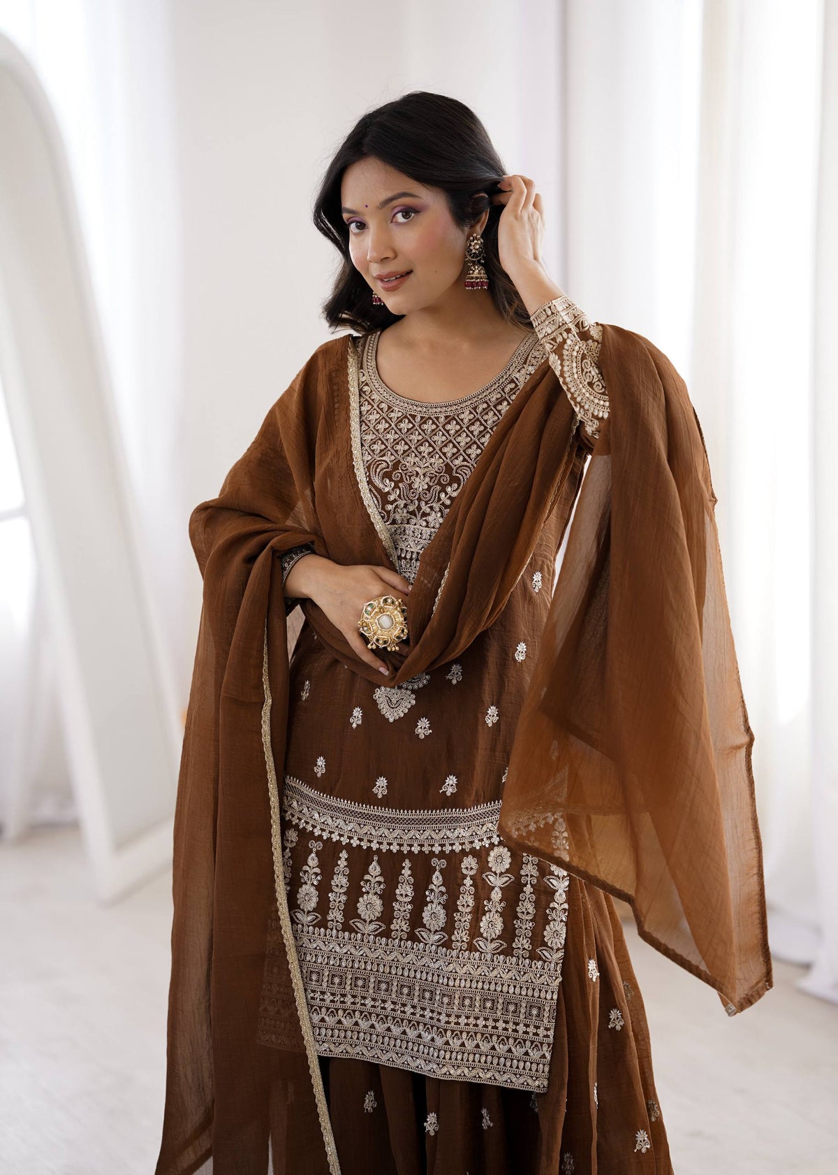 Brown Silk Embroidered Sharara Suit ClothsVilla