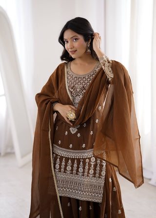 Brown Silk Embroidered Sharara Suit ClothsVilla