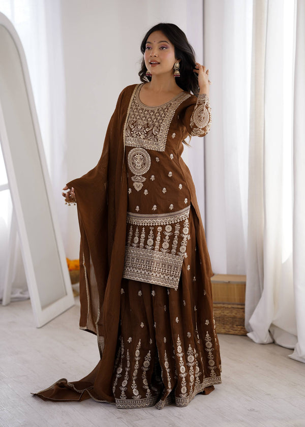 Brown Silk Embroidered Sharara Suit ClothsVilla