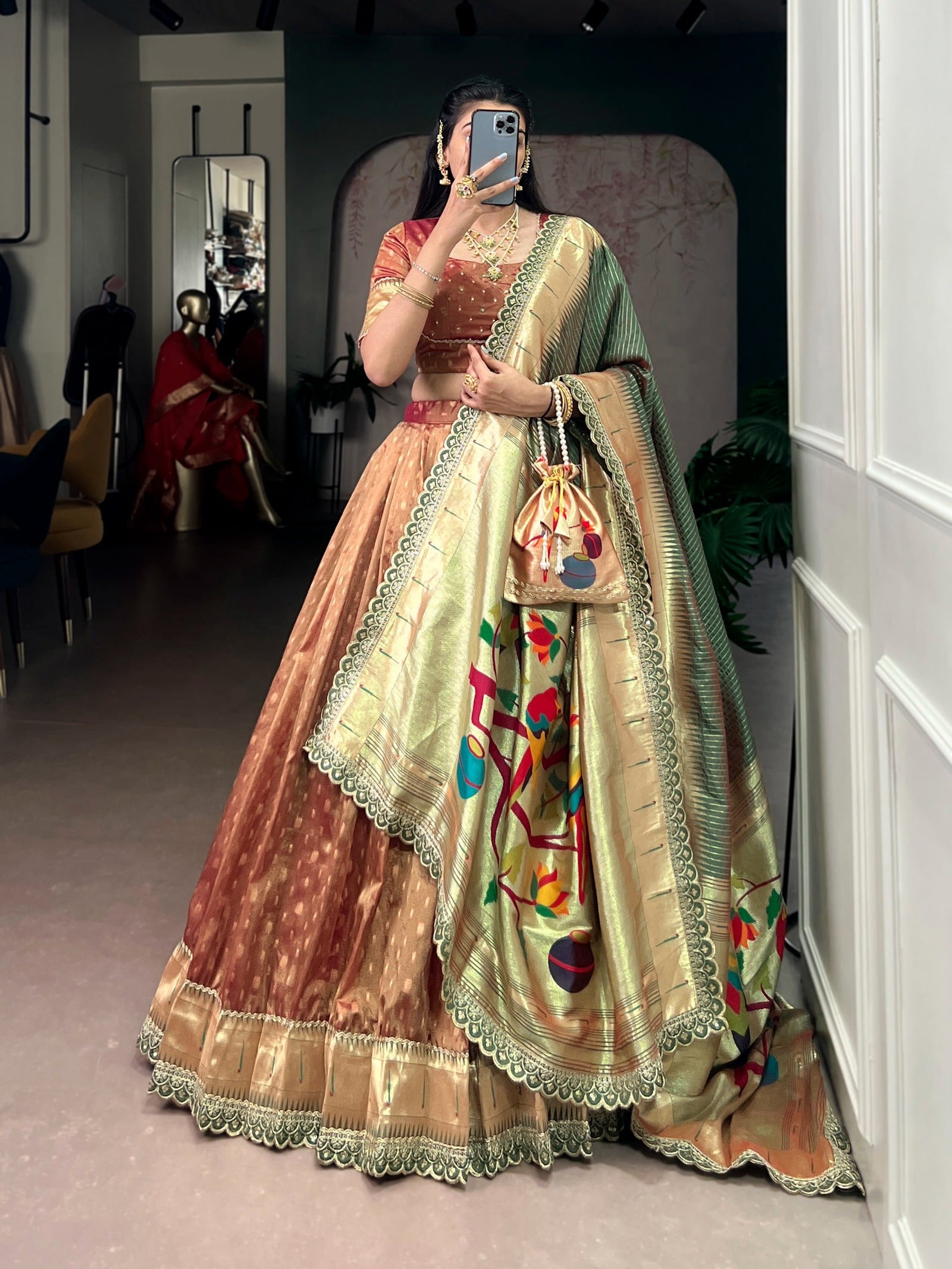 Brown Simmer Lehenga with Paithani Dupatta & Batwa ClothsVilla