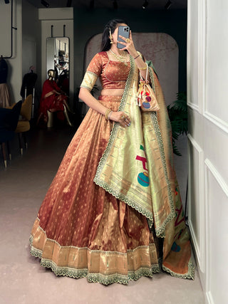 Brown Simmer Lehenga with Paithani Dupatta & Batwa ClothsVilla