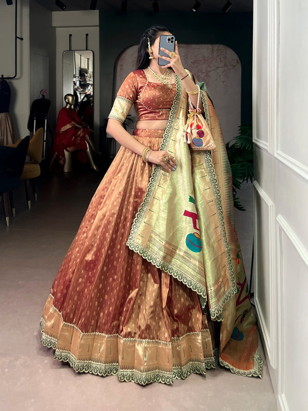 Brown Simmer Lehenga with Paithani Dupatta & Batwa ClothsVilla