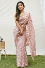 Load image into Gallery viewer, Brown Soft Pure Organza Saree with Shimmering Viscose Embroidery ClothsVilla.com