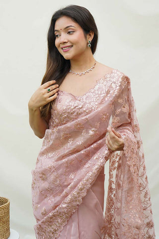 Brown Soft Pure Organza Saree with Shimmering Viscose Embroidery ClothsVilla.com