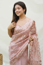 Load image into Gallery viewer, Brown Soft Pure Organza Saree with Shimmering Viscose Embroidery ClothsVilla.com