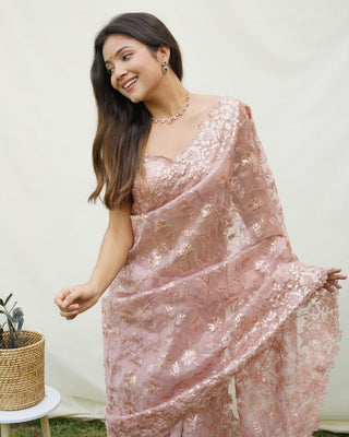 Brown Soft Pure Organza Saree with Shimmering Viscose Embroidery ClothsVilla.com