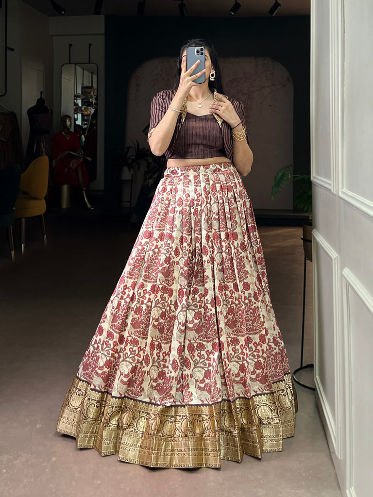 Brown Tasar Silk Printed Lehenga Choli Set