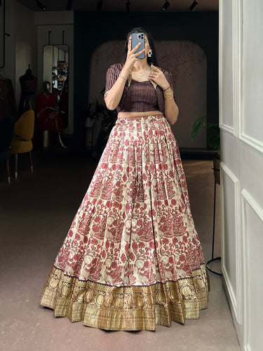 Brown Tasar Silk Printed Lehenga Choli Set