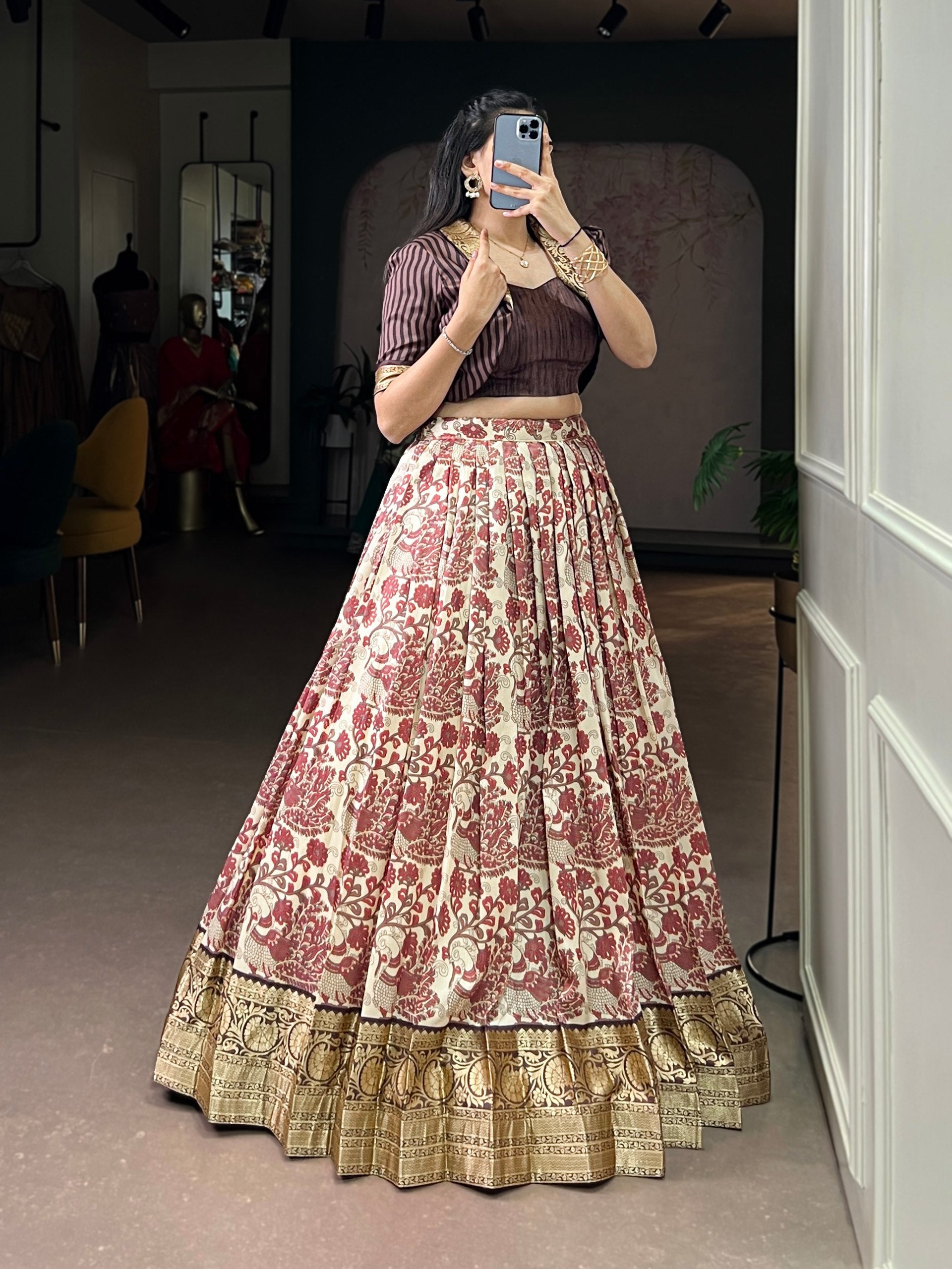Brown Tasar Silk Printed Lehenga Choli Set Secondary image