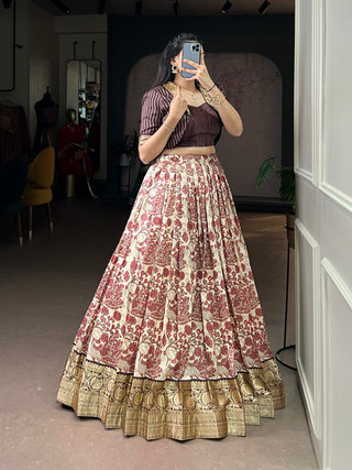 Brown Tasar Silk Printed Lehenga Choli Set