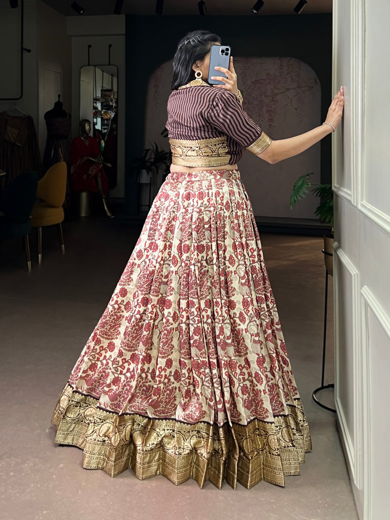 Brown Tasar Silk Printed Lehenga Choli Set