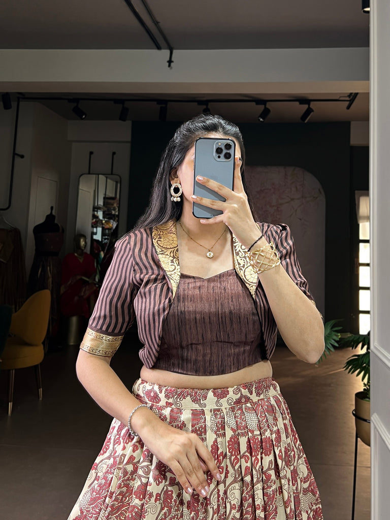 Brown Tasar Silk Printed Lehenga Choli Set