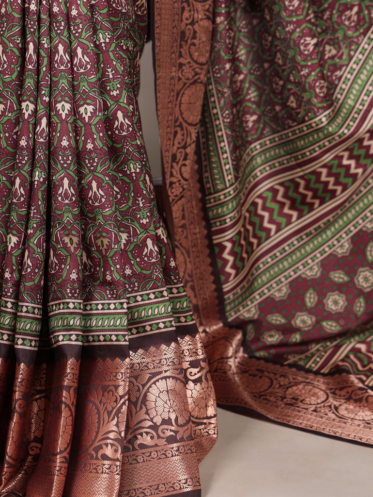 Brown Tasar Silk Printed Saree ClothsVilla