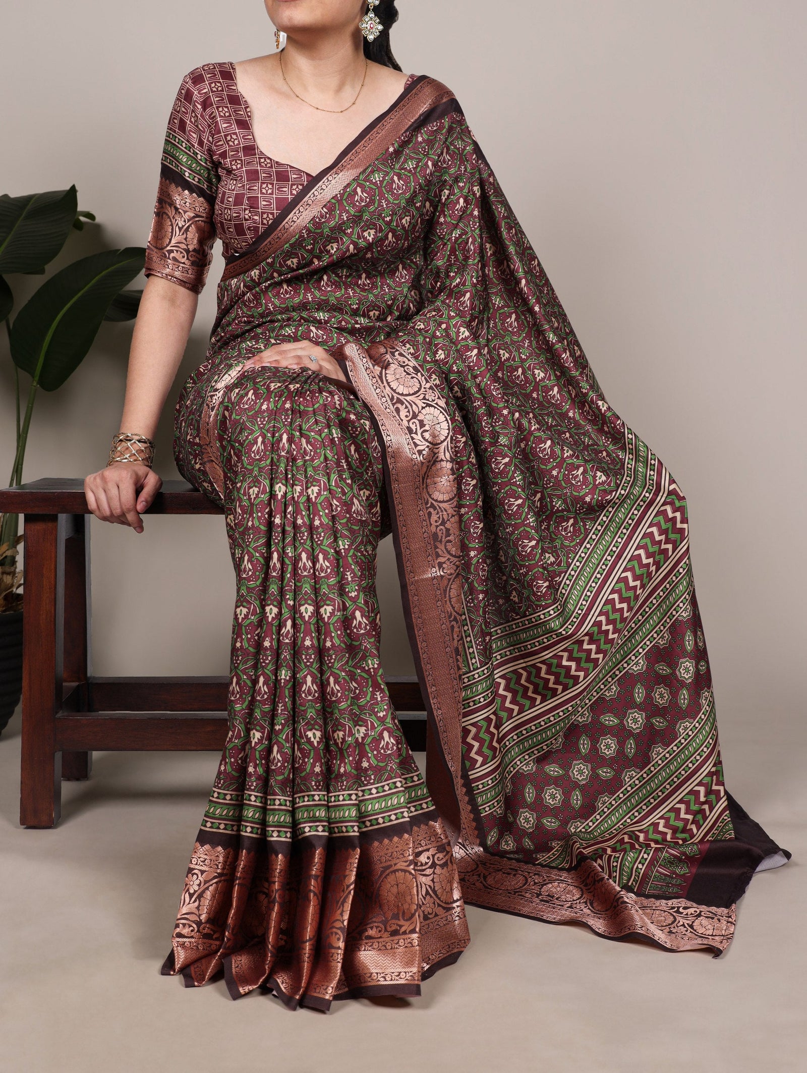 Brown Tasar Silk Printed Saree ClothsVilla