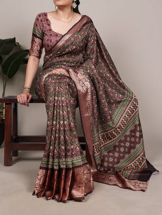 Brown Tasar Silk Printed Saree ClothsVilla