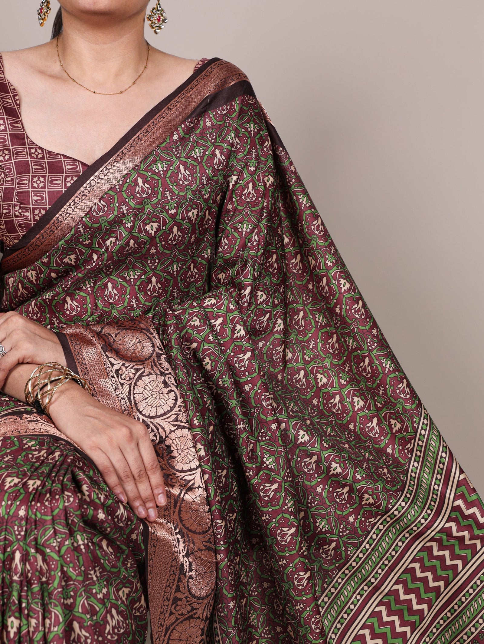 Brown Tasar Silk Printed Saree ClothsVilla