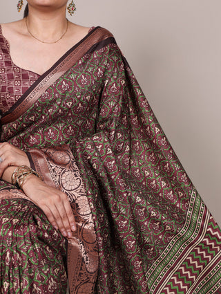 Brown Tasar Silk Printed Saree ClothsVilla