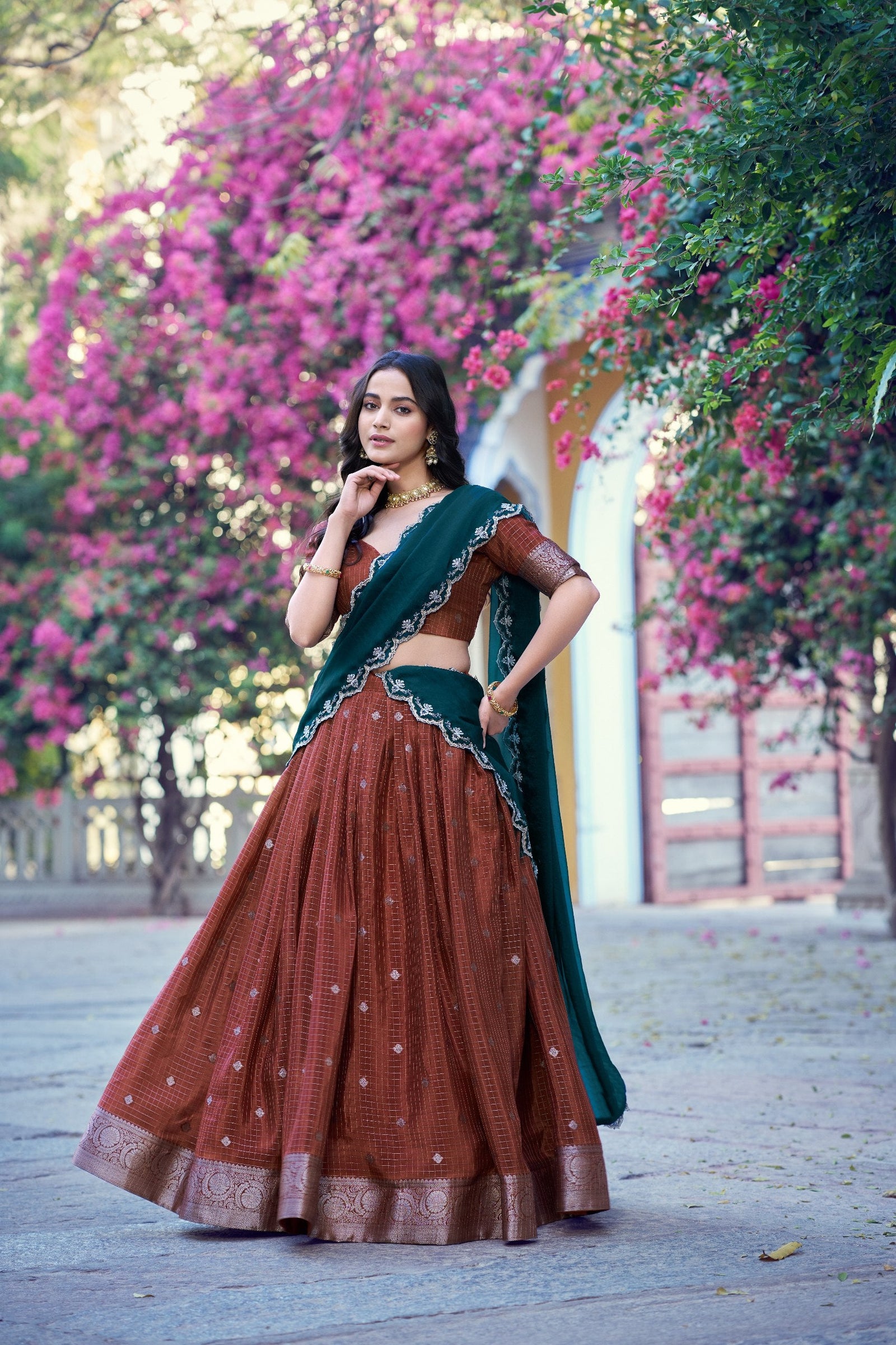 Brown Traditional Festive Checks Lehenga Set ClothsVilla