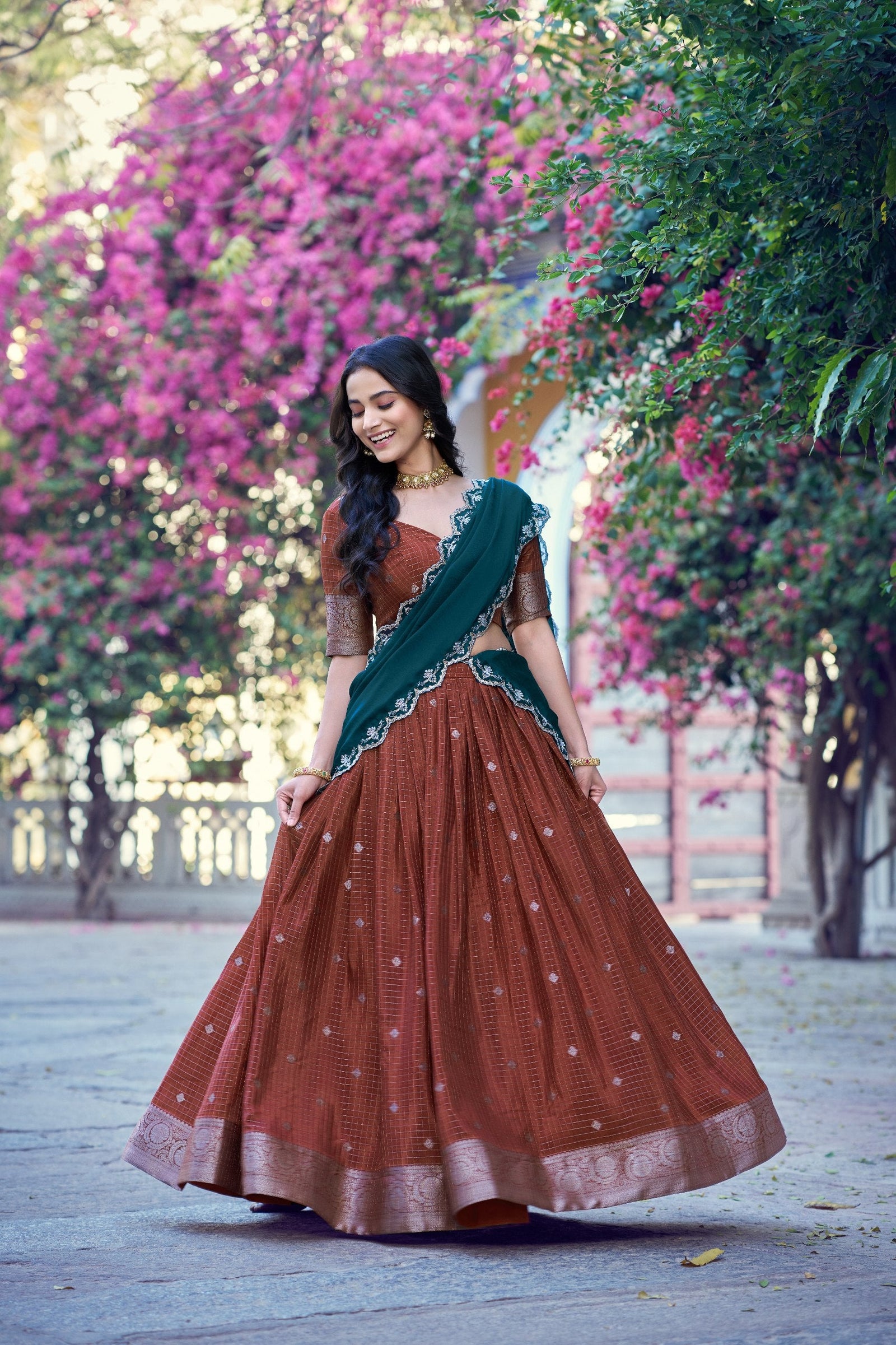 Brown Traditional Festive Checks Lehenga Set ClothsVilla