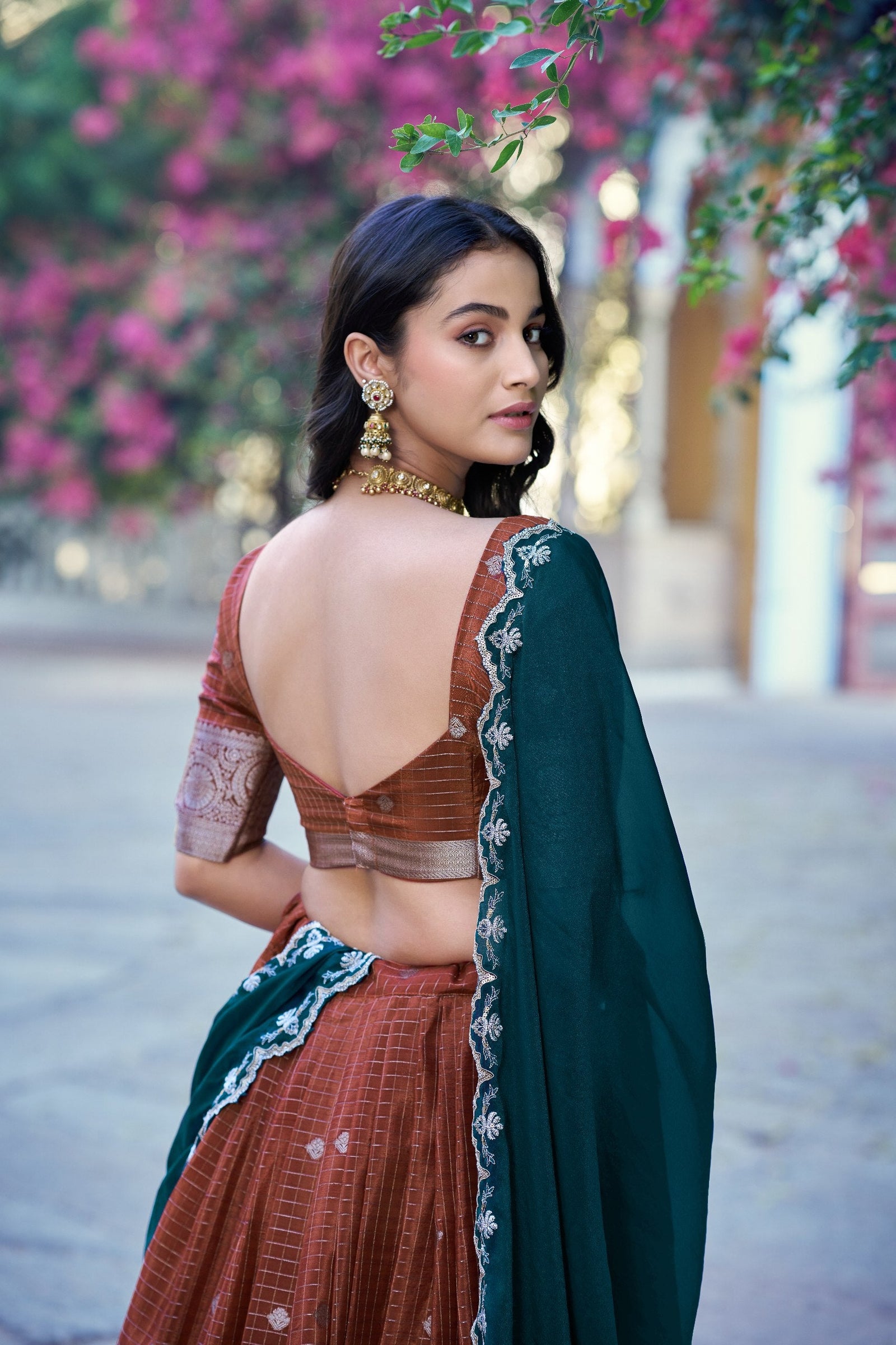 Brown Traditional Festive Checks Lehenga Set ClothsVilla