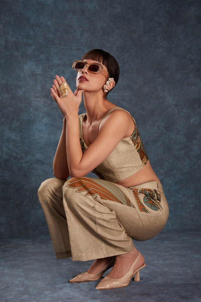 Brown Trendy Printed Linen Co-Ord Set Top & Pant ClothsVilla