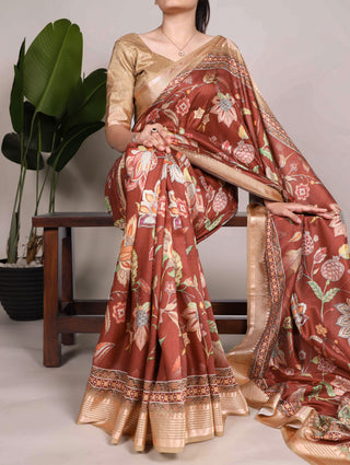 Brown Tussar Silk Saree with Viscose Border – A Dreamy Blend of Elegance and Grace