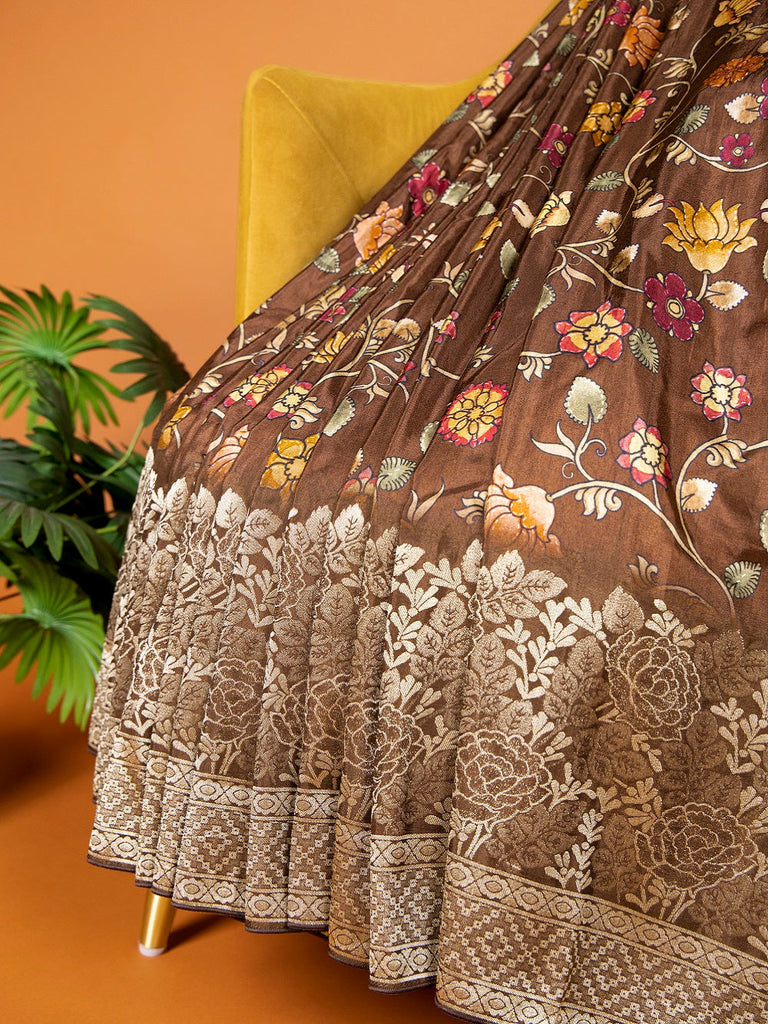 Brown Viscose Kalamkari Saree with Zari Weaving & Tassels