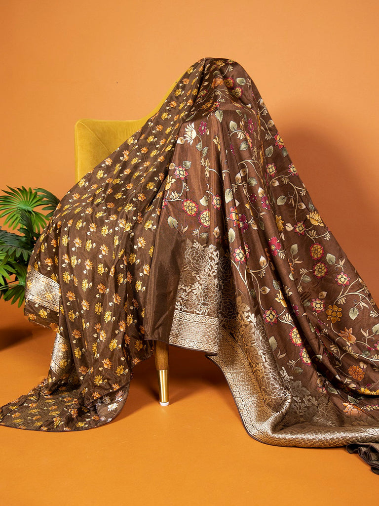 Brown Viscose Kalamkari Saree with Zari Weaving & Tassels