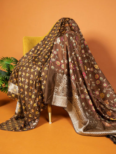 Brown Viscose Kalamkari Saree with Zari Weaving & Tassels ClothsVilla