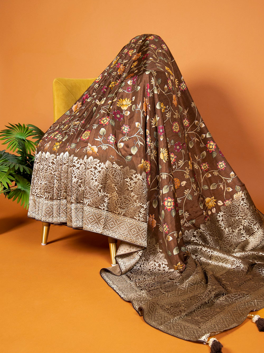 Brown Viscose Kalamkari Saree with Zari Weaving & Tassels ClothsVilla