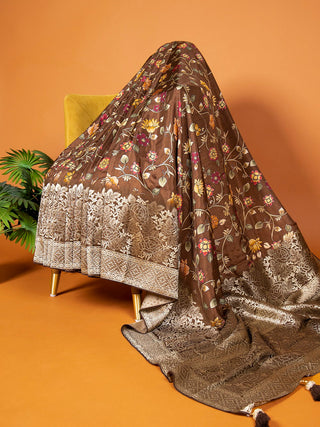 Brown Viscose Kalamkari Saree with Zari Weaving & Tassels ClothsVilla