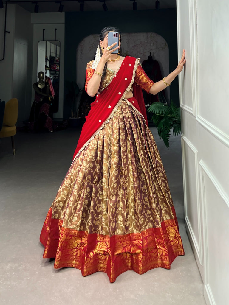 Brown Zari Embroidered Jacquard Silk Lehenga with Georgette Dupatta ClothsVilla