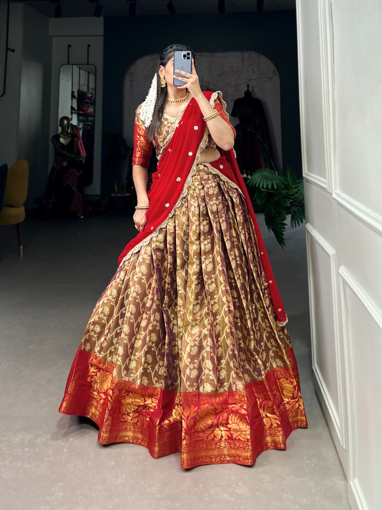 Brown Zari Embroidered Jacquard Silk Lehenga with Georgette Dupatta ClothsVilla