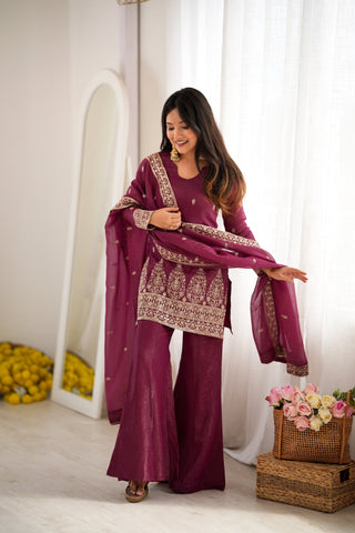 Burgandy Silk Kurta with Bell Bottom Pant ClothsVilla