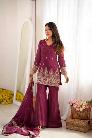 Burgandy Silk Kurta with Bell Bottom Pant ClothsVilla