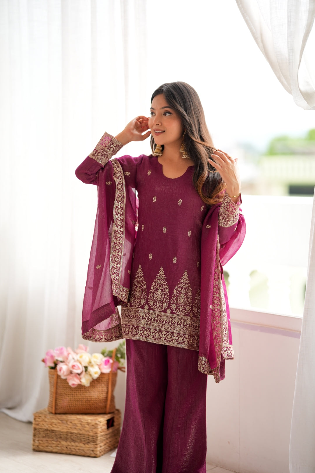 Burgandy Silk Kurta with Bell Bottom Pant ClothsVilla