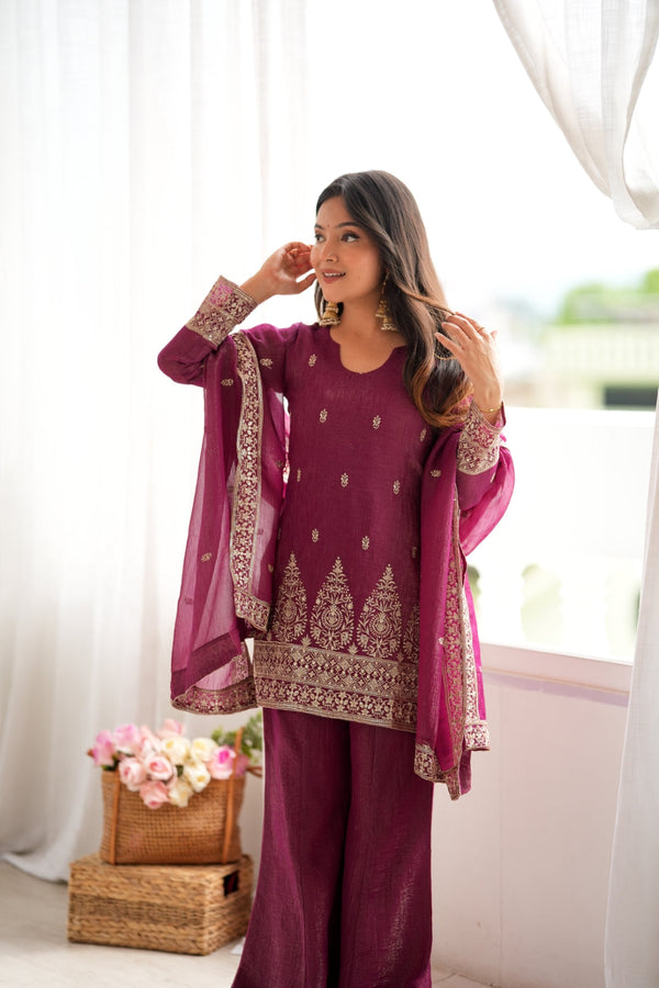 Burgandy Silk Kurta with Bell Bottom Pant ClothsVilla