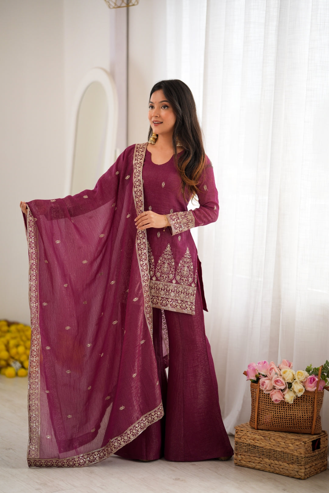 Burgandy Silk Kurta with Bell Bottom Pant ClothsVilla