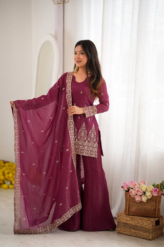 Burgandy Silk Kurta with Bell Bottom Pant ClothsVilla
