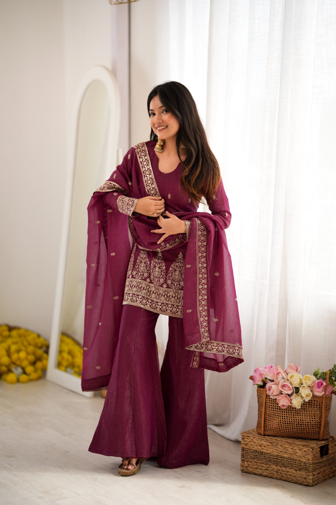 Burgandy Silk Kurta with Bell Bottom Pant ClothsVilla
