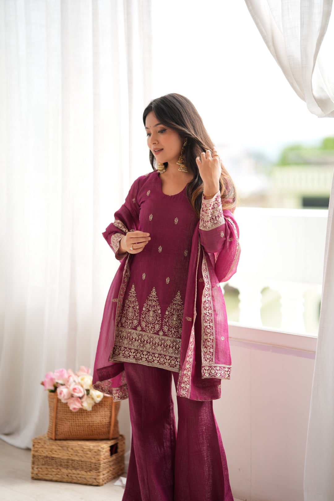 Burgandy Silk Kurta with Bell Bottom Pant ClothsVilla