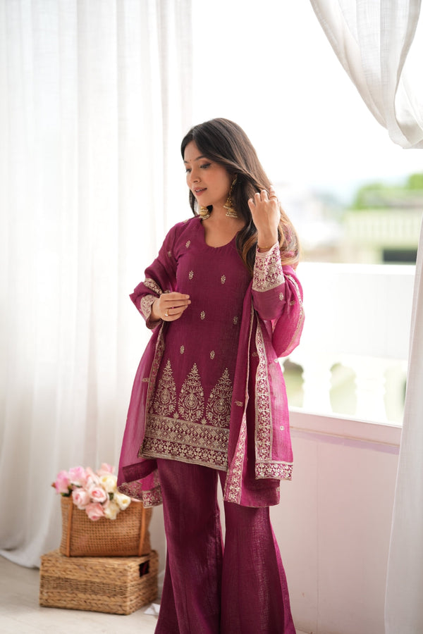 Burgandy Silk Kurta with Bell Bottom Pant ClothsVilla