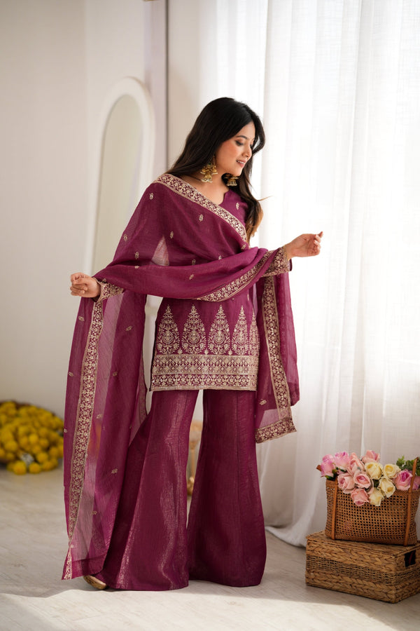 Burgandy Silk Kurta with Bell Bottom Pant ClothsVilla