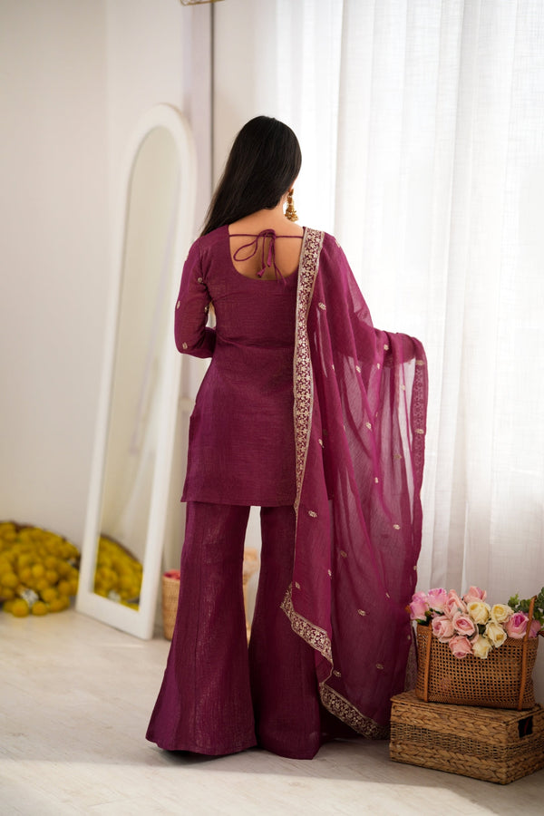 Burgandy Silk Kurta with Bell Bottom Pant ClothsVilla