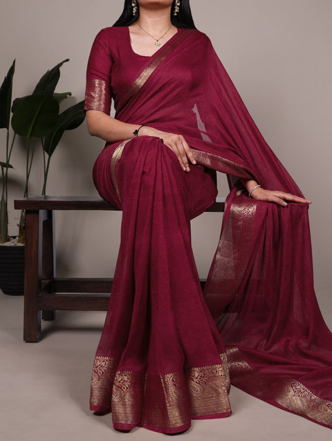 Burgundy Elegant Mass Mello Zari Weaving Saree with Matching Unstitched Blouse – Premium Party & Festive Wear ClothsVilla Main image